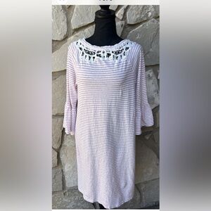 Soft Surroundings Cotton Nightgown S M White Pink Stripe Crochet Lace Trim